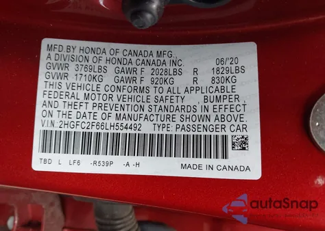 2020 Honda Civic Lx из США, поврежденный, VIN 2HGFC2F66LH554492